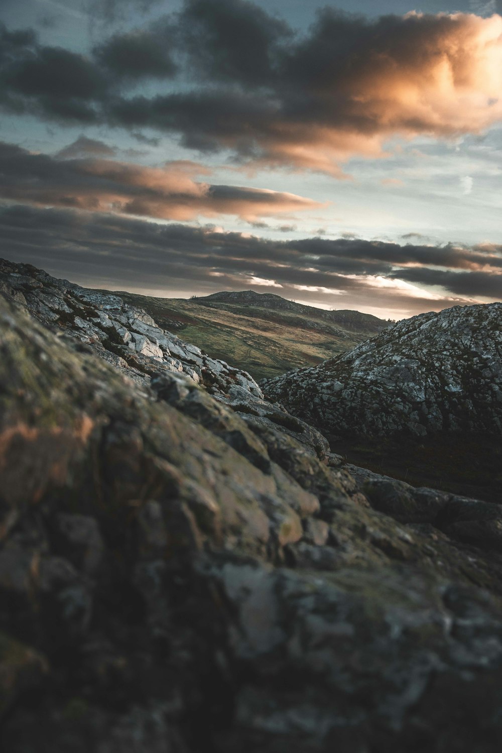 a lone sheep standing on top of a rocky hill