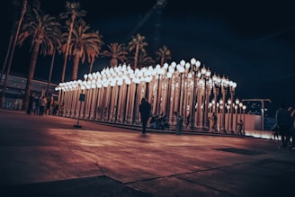 A collection of vintage street lamps illuminated at night creates a striking and artistic installation surrounded by tall palm trees. People are casually walking around and observing the scene, which is set against a dark night sky.