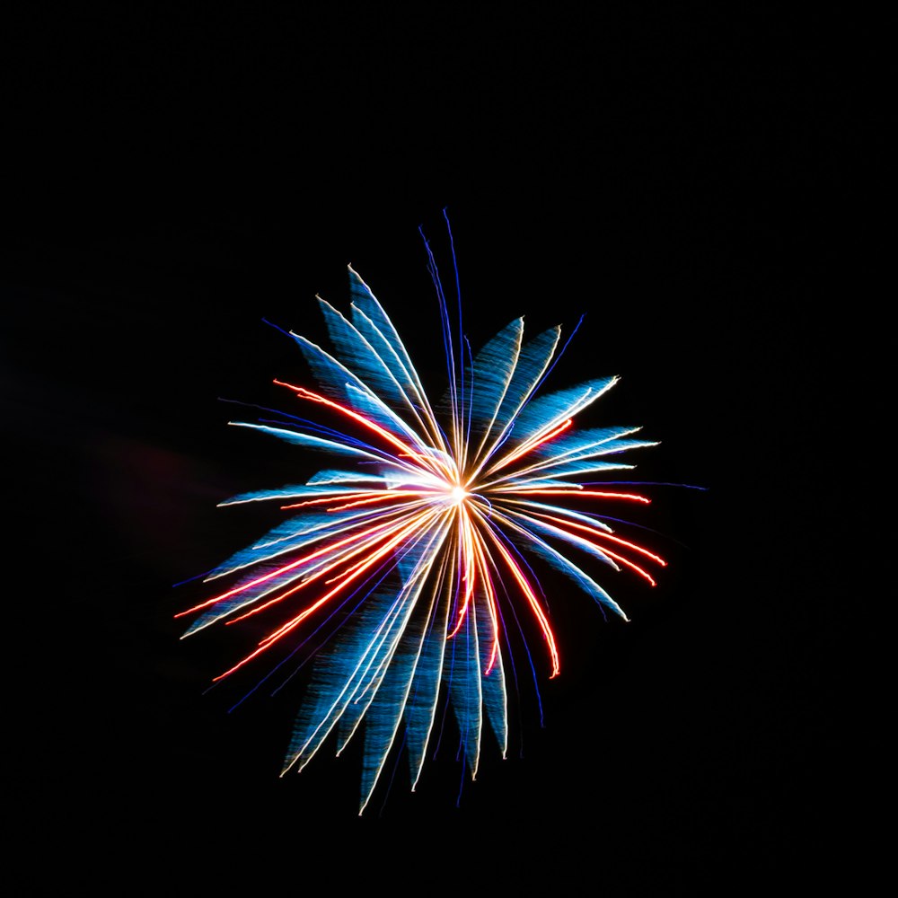 a colorful fireworks is lit up in the dark sky