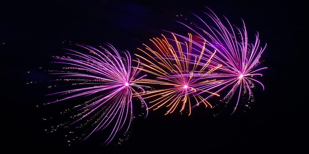 a couple of fireworks are lit up in the night sky