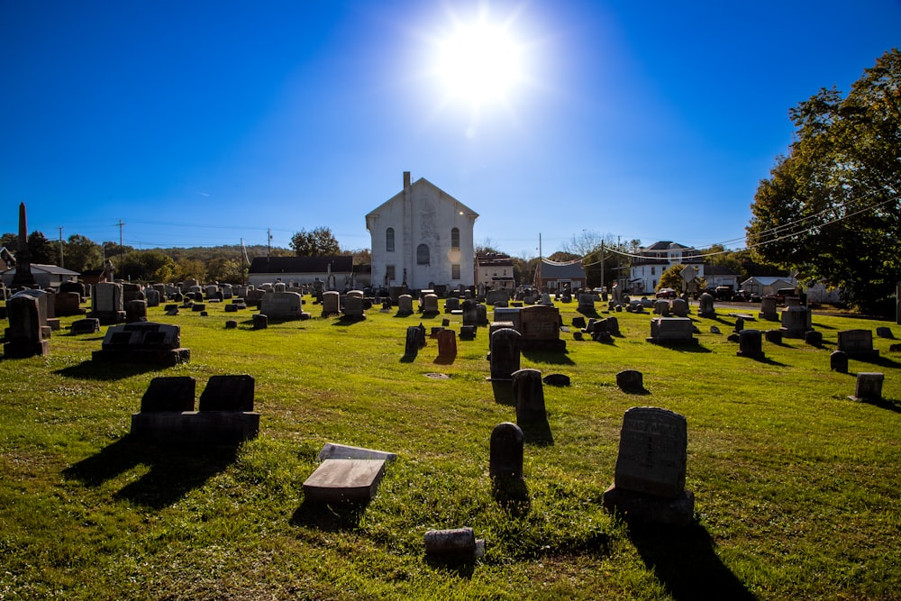 a cemetery with a church in the background