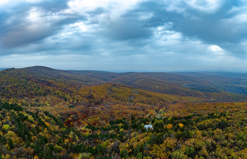 an aerial view of a mountain range with trees in the foreground