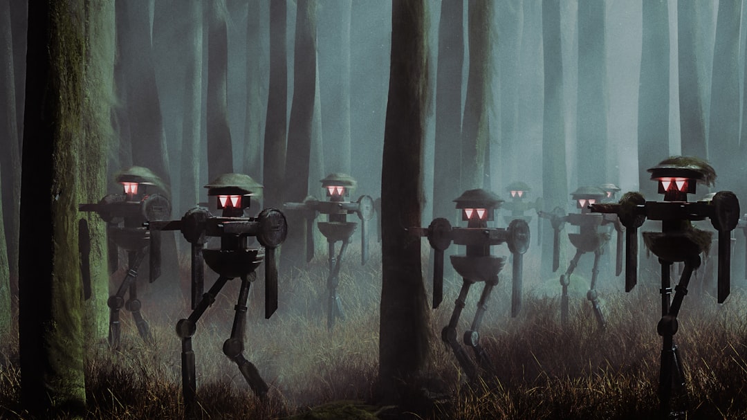 a group of people in a forest with lights on their heads