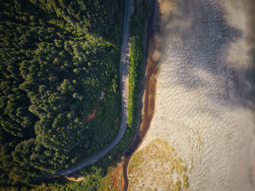 an aerial view of a winding road in the woods