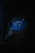 A blue watch is displayed in dim lighting. The watch face includes a chronograph feature with multiple dials and white markings. The brand name is visible at the top of the watch face.