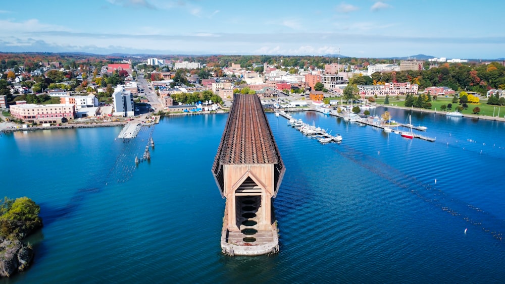 an aerial view of a long bridge over a body of water