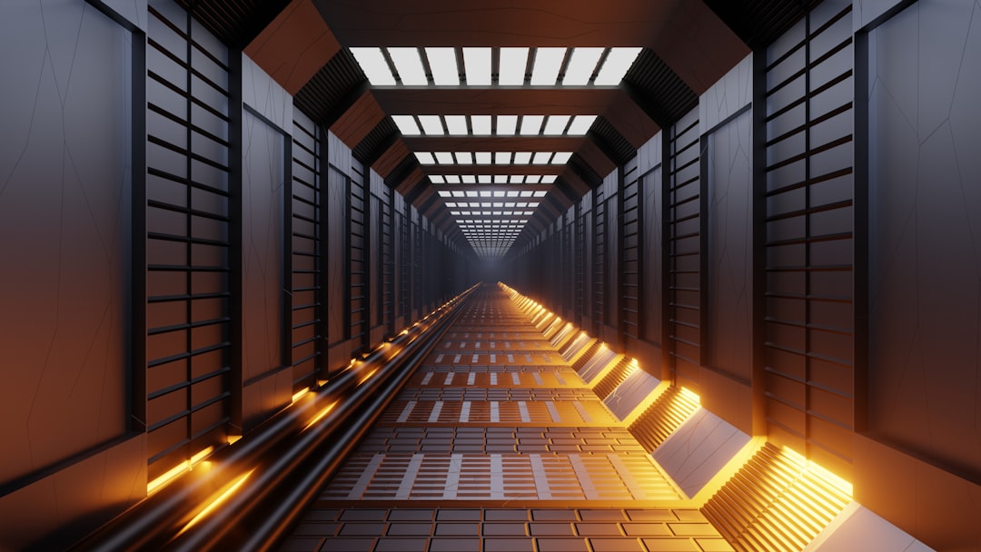 a very long hallway with some lights on, 3d illustration of abstract blender stuff.