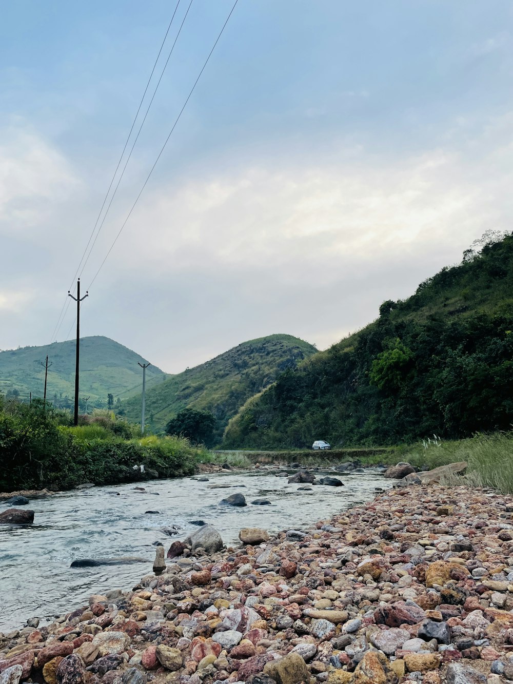 a river running through a lush green valley