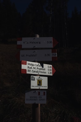 A wooden post displays several directional signs with information for hikers. The signs list destinations such as Villa Welsperg, Rif. Pradidali, Malga Canali, Rud. M. Pradidali, and Rif. Canali-Treviso, along with the corresponding distances. The bottom sign indicates a hiking trail for experienced hikers. The background is dark, with hints of trees and foliage.