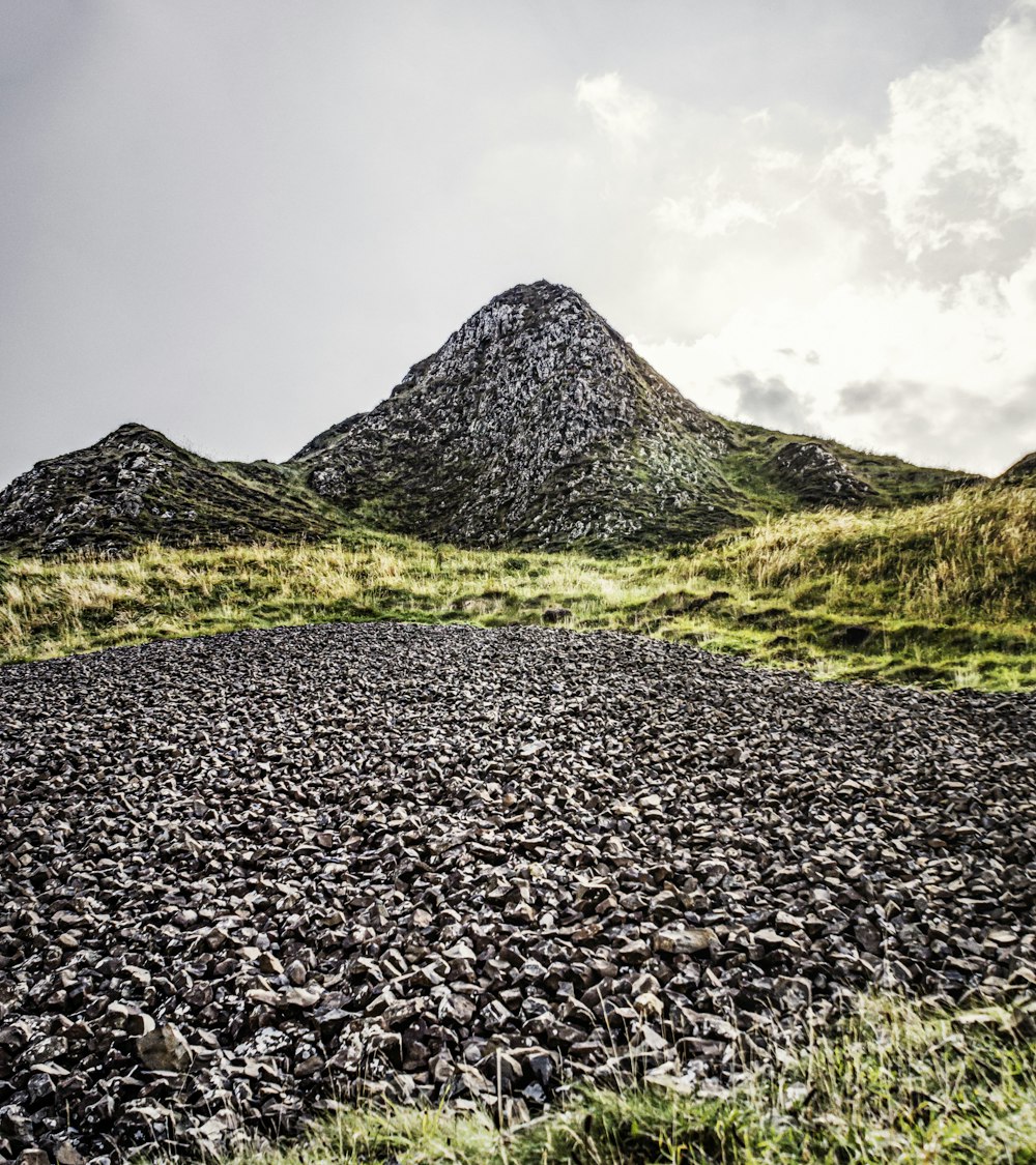 a large pile of rocks sitting on top of a lush green field