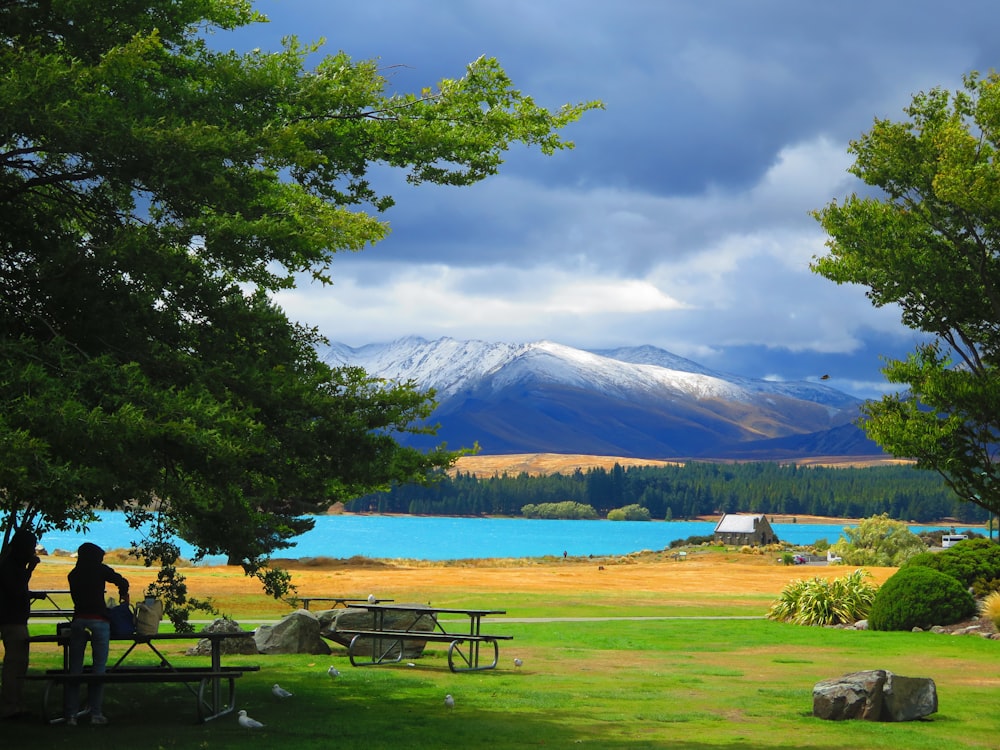 a couple of people sitting at a picnic table