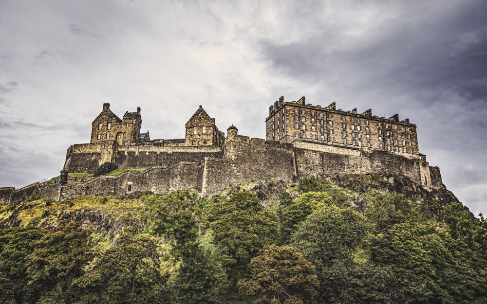 a castle on top of a hill surrounded by trees