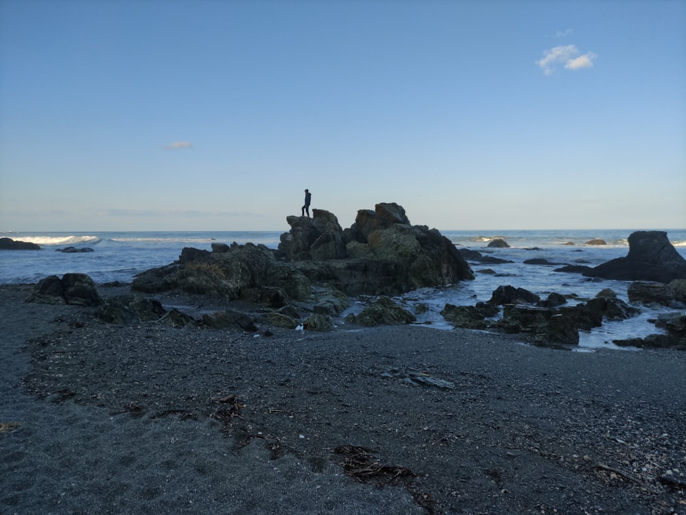 Una persona in piedi su una spiaggia rocciosa vicino all'oceano
