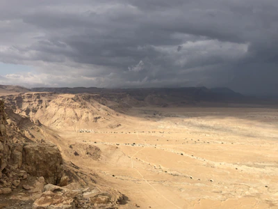 A cinematic shot of a desert landscape merging with Nordic fjords under a stormy sky.