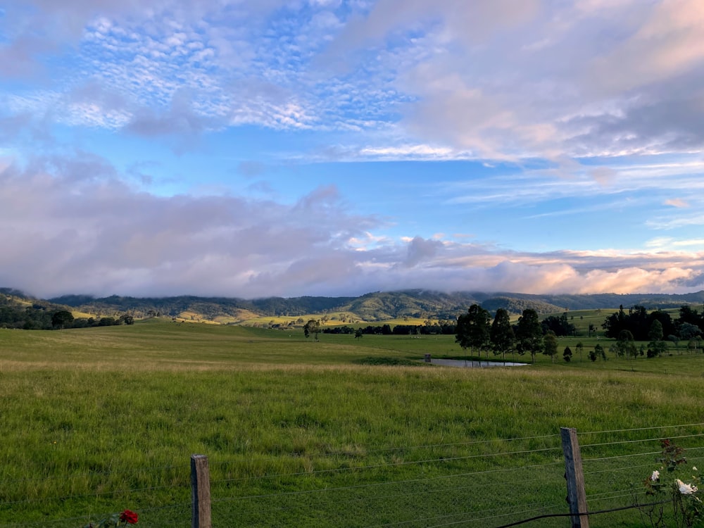 a field with a fence and mountains in the background