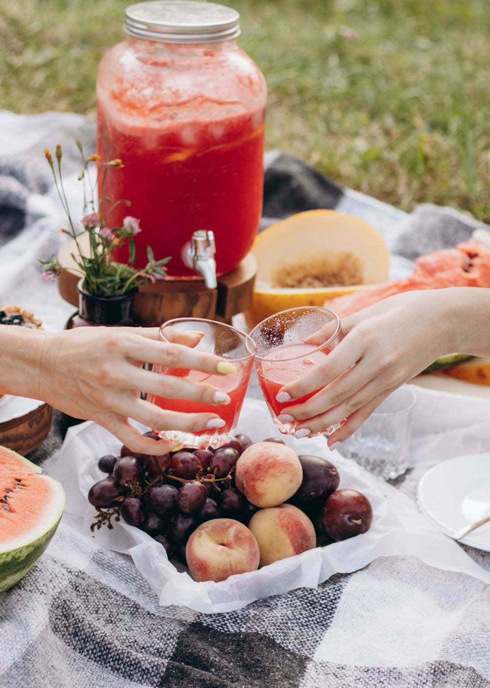 two people toasting with fruit on a picnic blanket