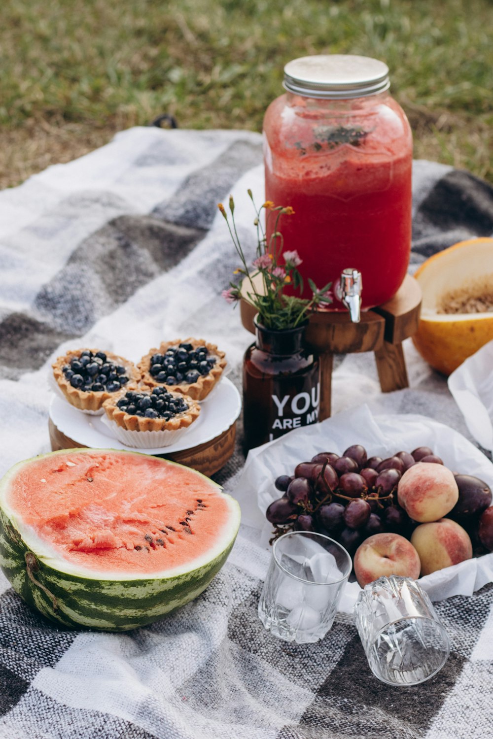 a picnic table with watermelon, grapes, apples, and a jar of