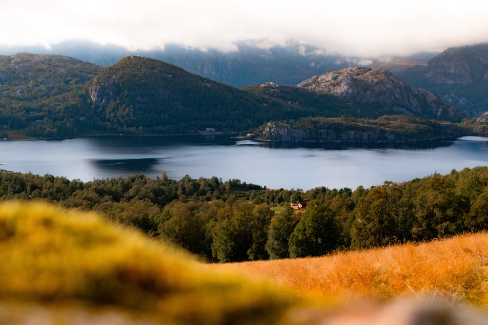 a view of a lake surrounded by mountains