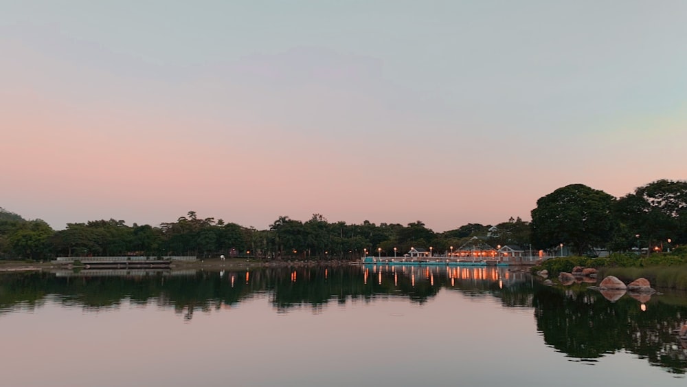 a large body of water surrounded by trees