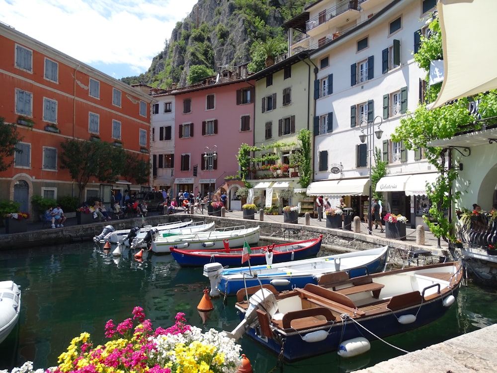 a group of boats parked next to each other on a river