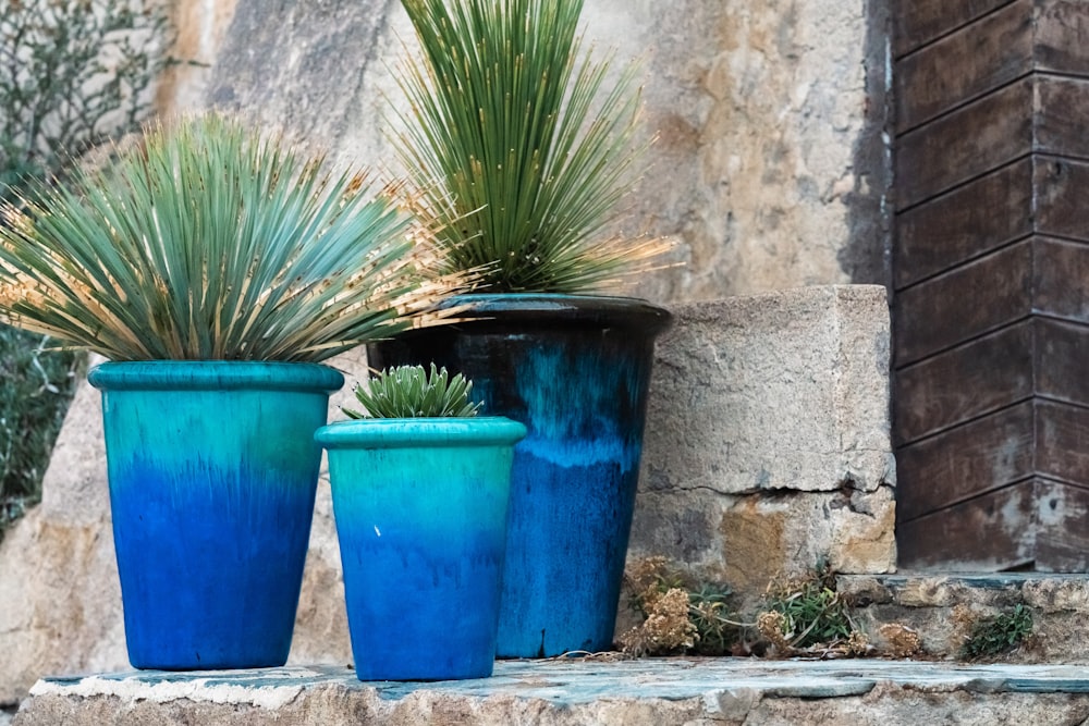 Un par de macetas azules sentadas encima de una pared de piedra