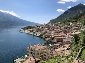 a village on the shore of a lake with mountains in the background