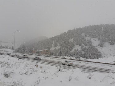 Snow is falling heavily on a mountain landscape, blanketing the trees and road. Cars are cautiously driving along the snow-covered highway, surrounded by dense forests and hills shrouded in snow.