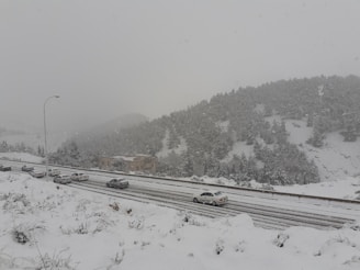 Snow is falling heavily on a mountain landscape, blanketing the trees and road. Cars are cautiously driving along the snow-covered highway, surrounded by dense forests and hills shrouded in snow.