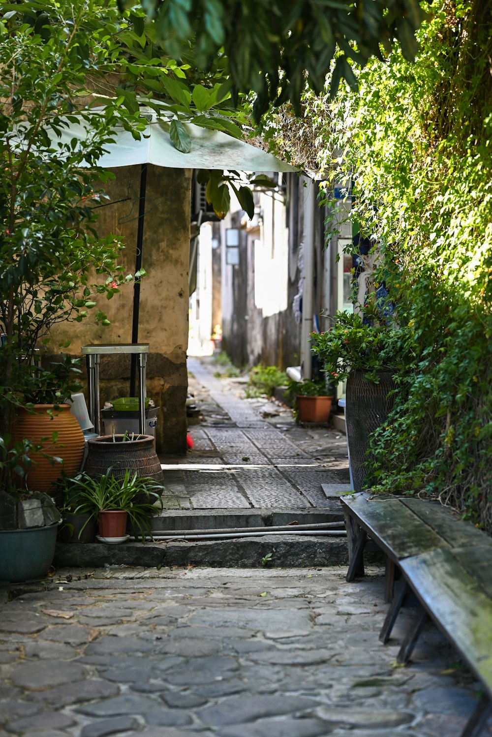 a stone walkway with a bench and umbrella