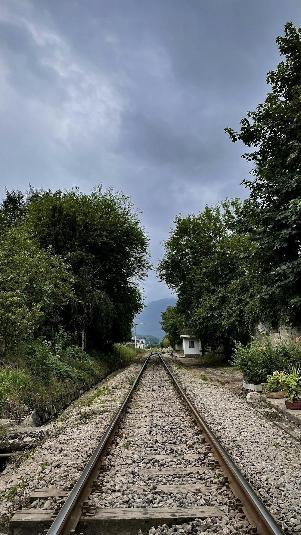 a train track with trees and a building in the background