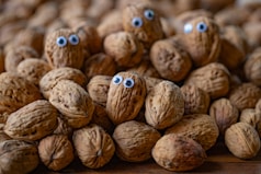 a pile of nuts with googly eyes on them