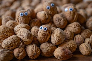 a pile of nuts with googly eyes on them
