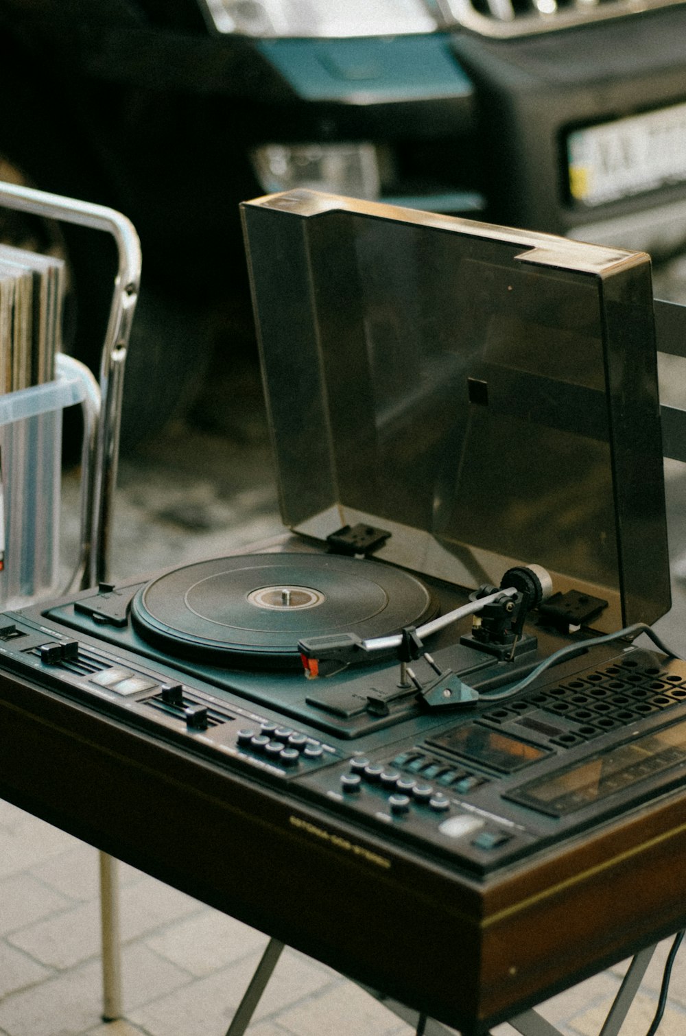 a record player sitting on top of a table