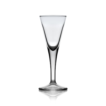 A clear, elegantly shaped wine glass with a long stem and a wide bowl, standing upright against a plain white background.