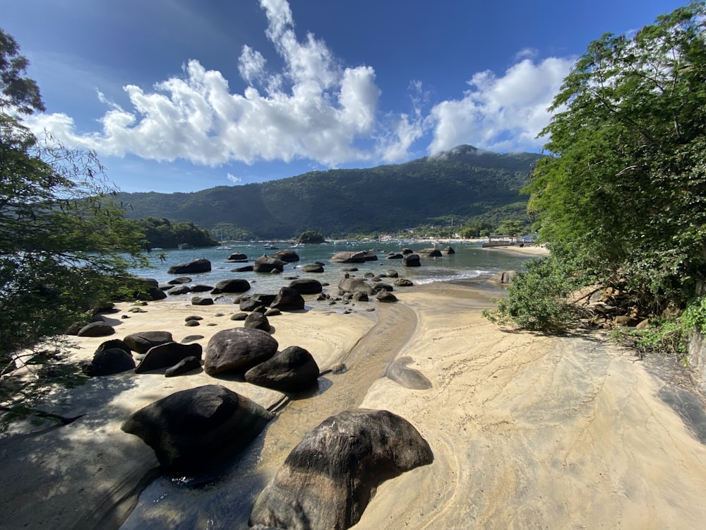 a sandy beach with large rocks on it