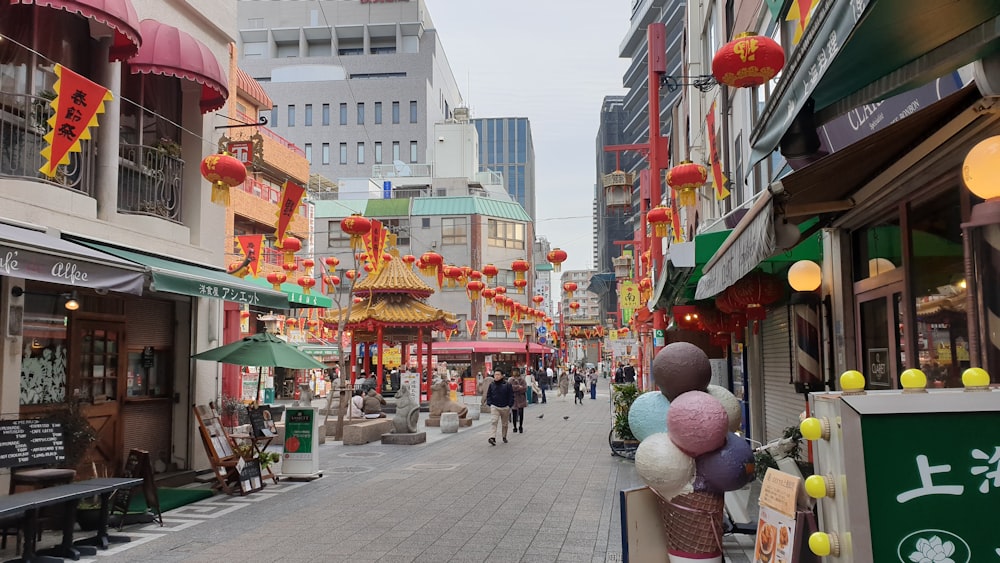 a city street filled with lots of shops