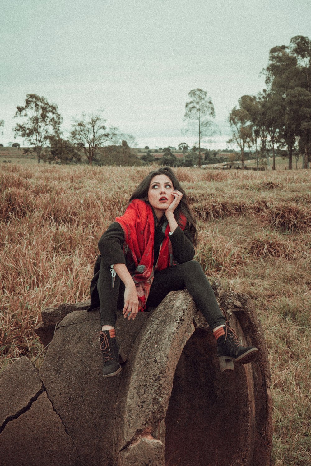 a woman sitting on top of a tree stump in a field