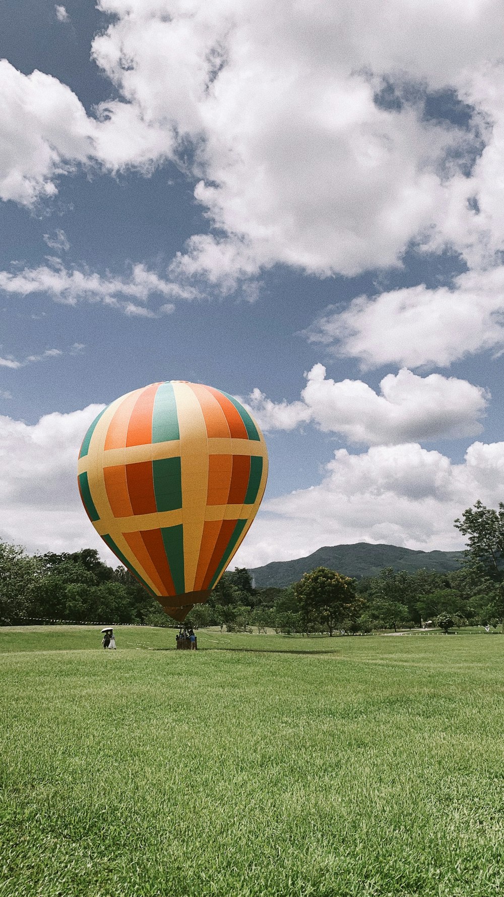 a large hot air balloon flying over a lush green field