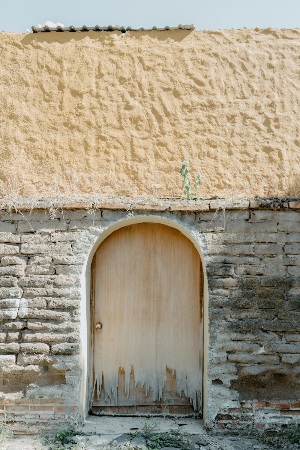 an old door in a stone wall with grass growing on the ground