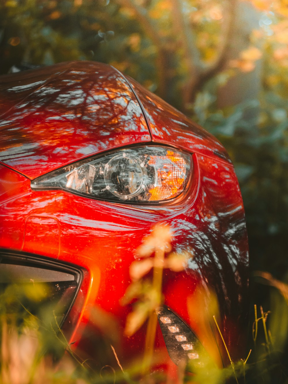 a close up of the front of a red car