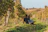 A smiling couple enjoying a meal outdoors with vineyard rows in the background.