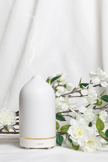 Close-up of a smooth diffuser stone gently releasing fragrant mist in soft morning light.