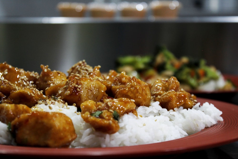 a red plate topped with rice and meat