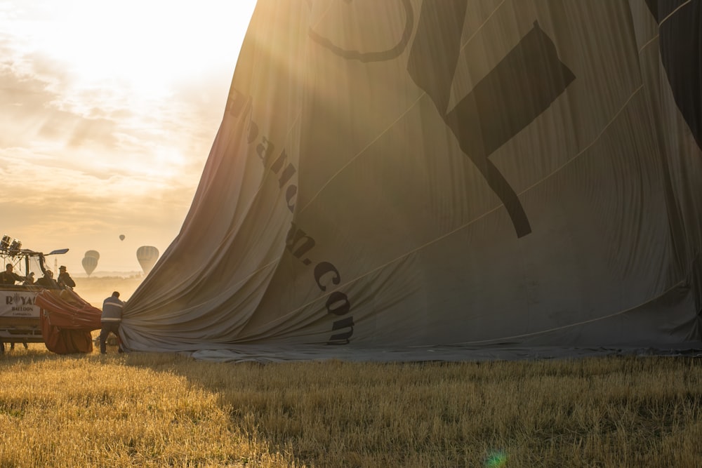 a group of hot air balloons flying over a field