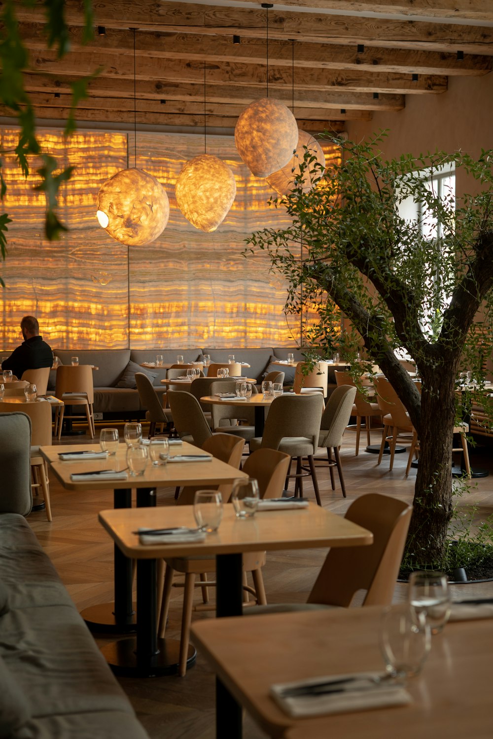 a restaurant with a tree in the middle of the room