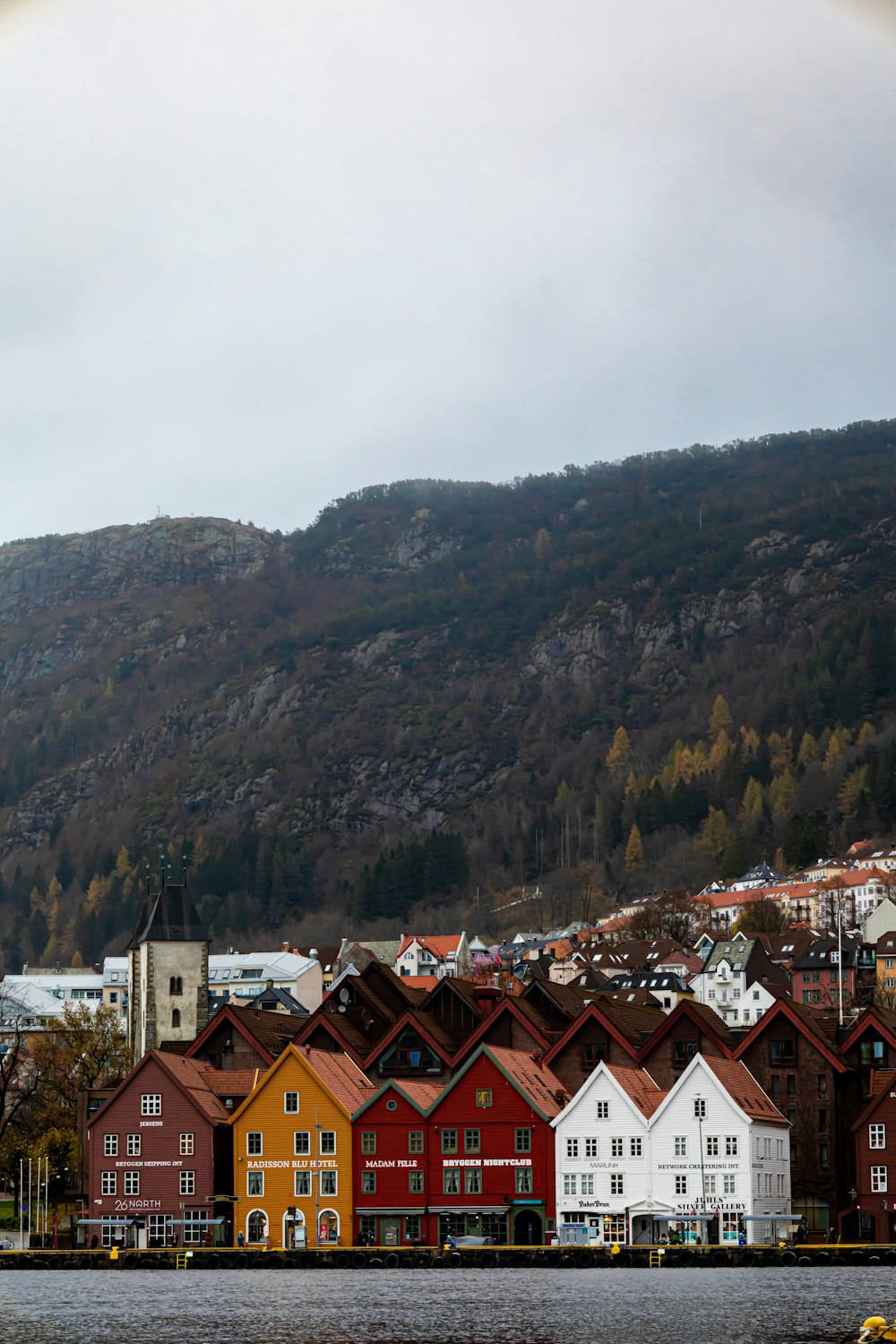 a row of houses on the shore of a body of water