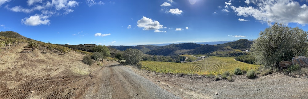 a panoramic view of a dirt road in the mountains