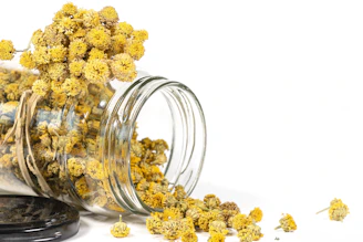 a jar filled with yellow flowers sitting on top of a table