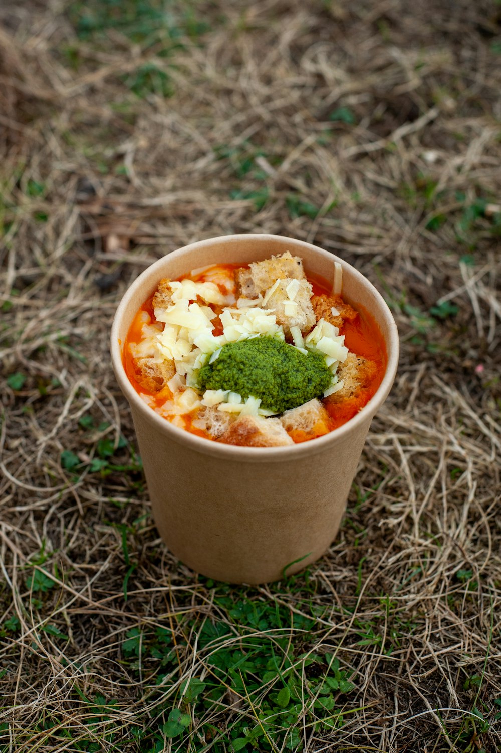 a cup filled with food sitting on top of a grass covered field