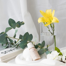 a vase with flowers and a book on a table